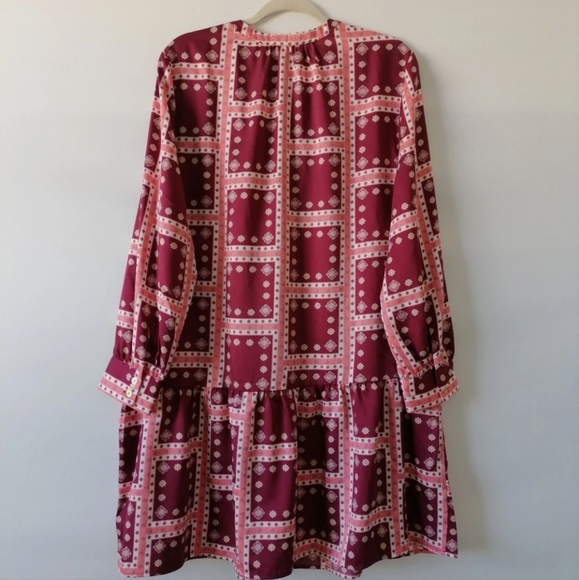Ann Taylor LOFT Multicolor Long Sleeve Geometric Border Flounce Shirt Dress - Picture 2 of 11